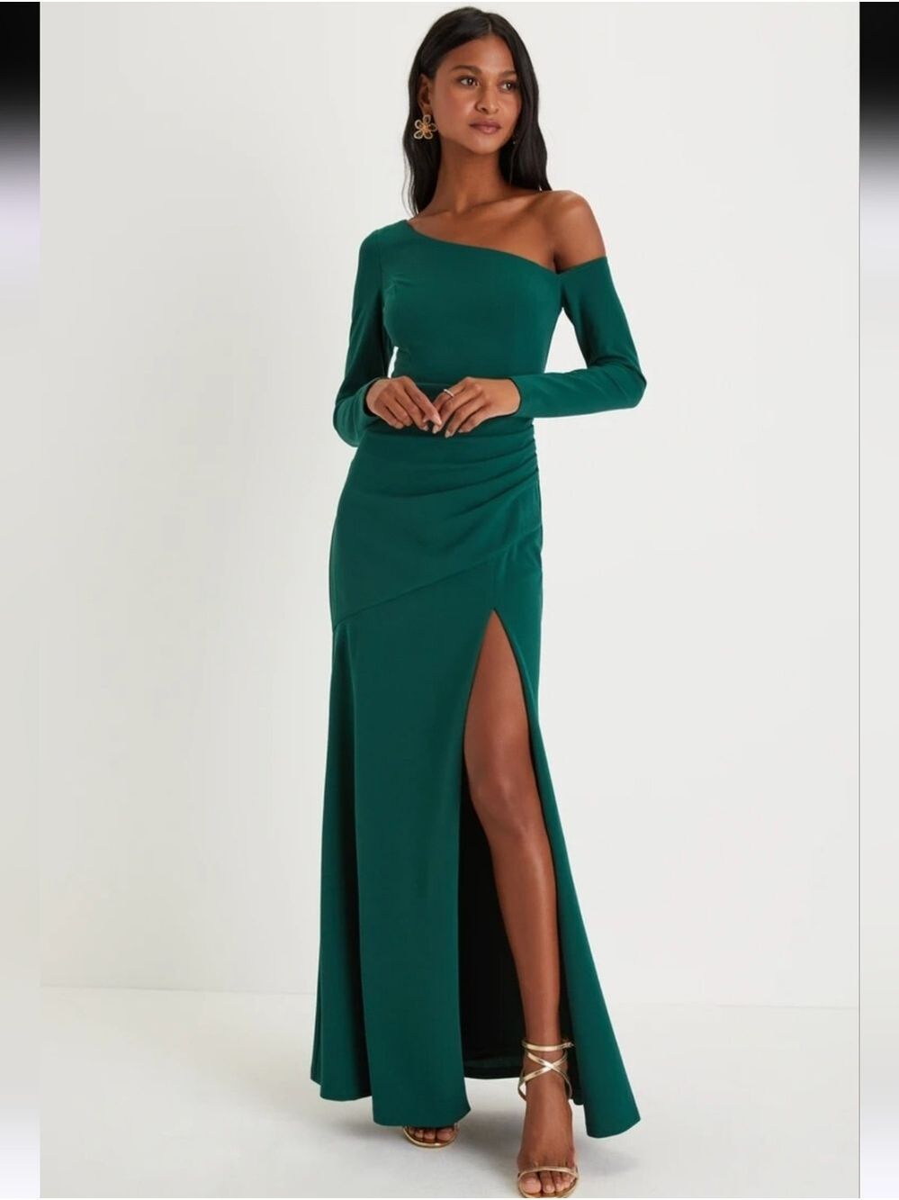 emerald green dress size 16 Ladivine CC447 Flutter Sleeves V-Neckline A-Line Satin Evening Gown Emerald Green / 16